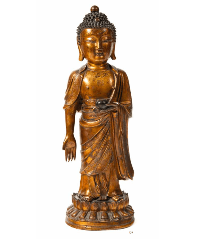 Statuette en bronze doré du bouddha Amitabha debout sur le lotus