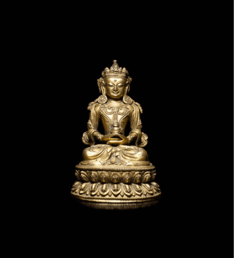 Statuette d’Amitayus en bronze doré, assis en padmasana